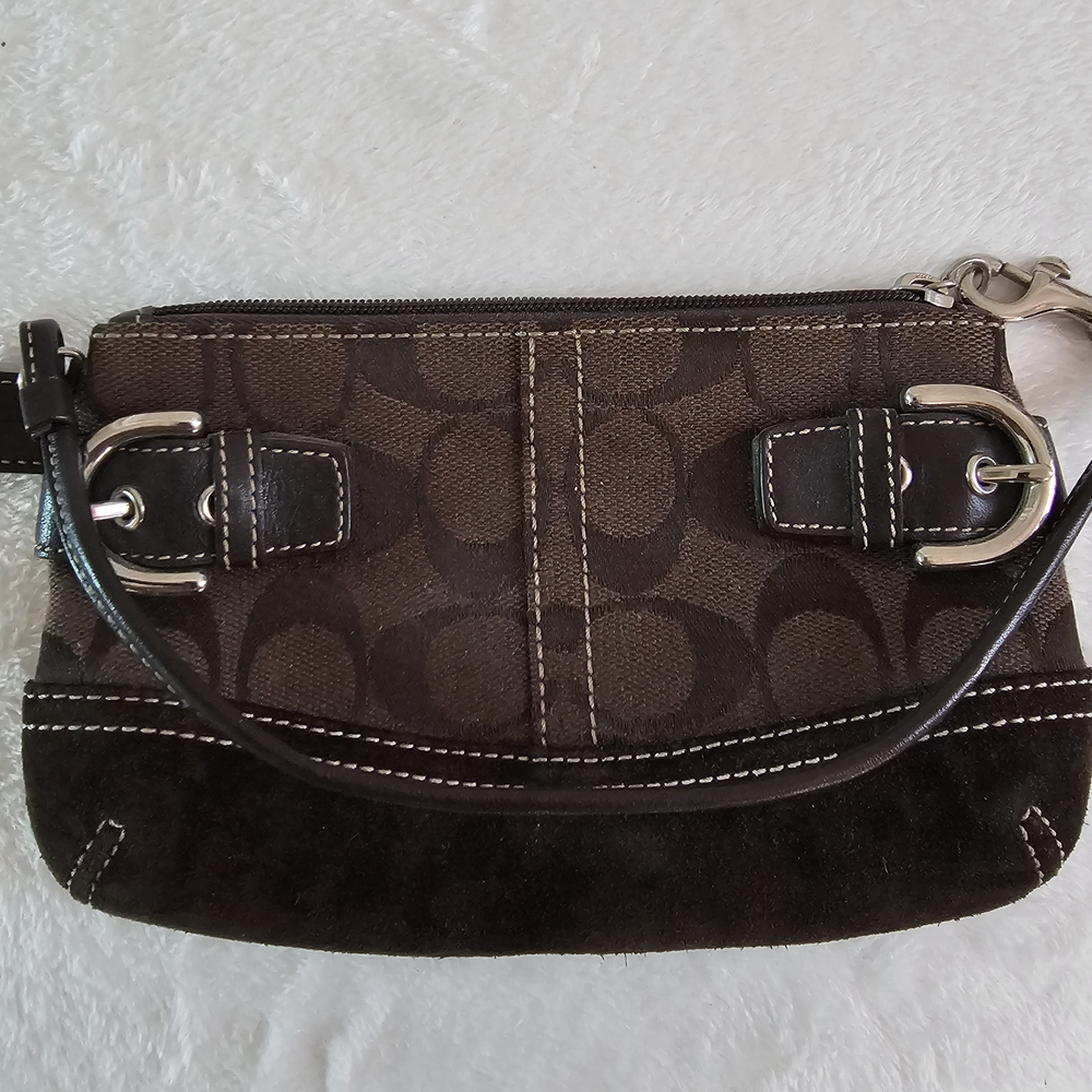 Coach Dark Brown Signature Canvas & Suede Wristlet